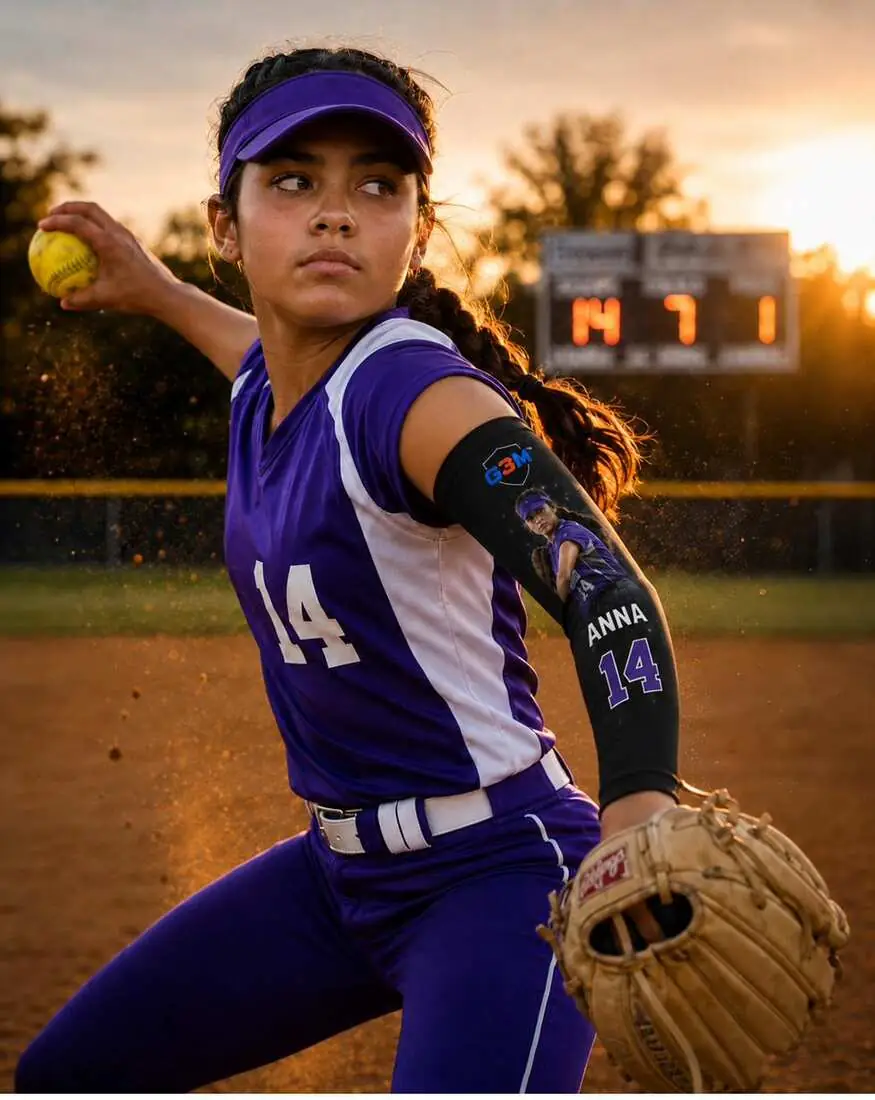 Example G3M Athletics custom sleeve design — Anna #14 softball athlete