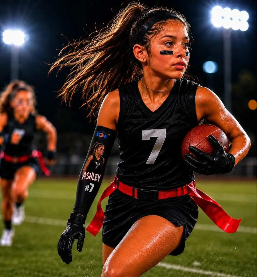Example G3M Athletics custom sleeve design — Ashley #7 flag football athlete