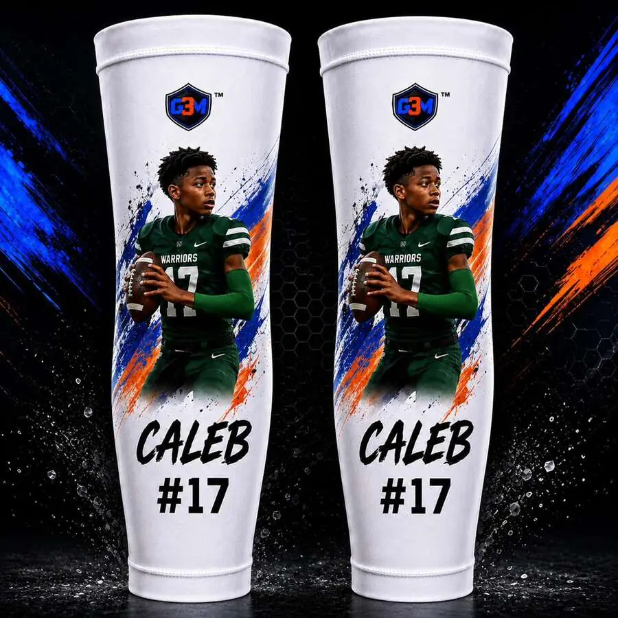 G3M Athletics custom paired compression sleeves featuring Caleb #17 Warriors football athlete