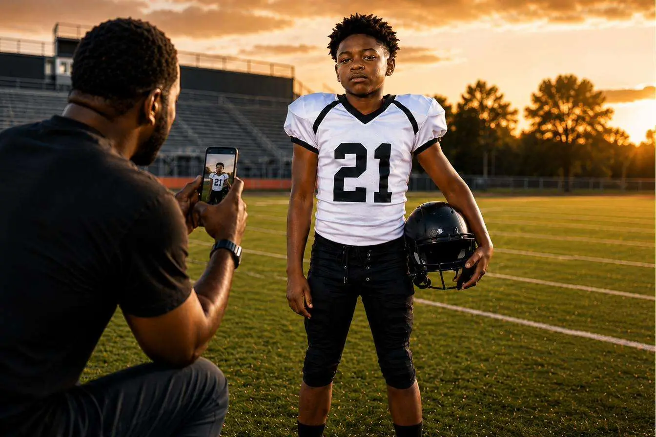 Father photographing young athlete son on football field for G3M Athletics custom sleeve order