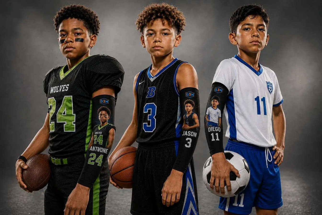 Youth athletes wearing custom G3M Athletics compression sleeves — football basketball soccer