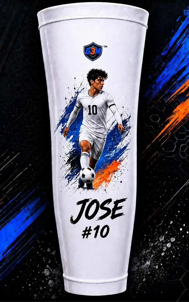 G3M Athletics custom single compression sleeve with Jose #10 soccer athlete photo