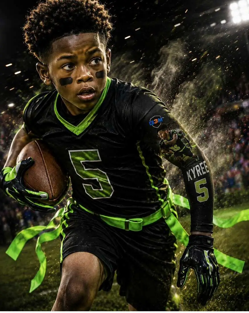 Example G3M Athletics custom sleeve design — Kyree #5 flag football athlete