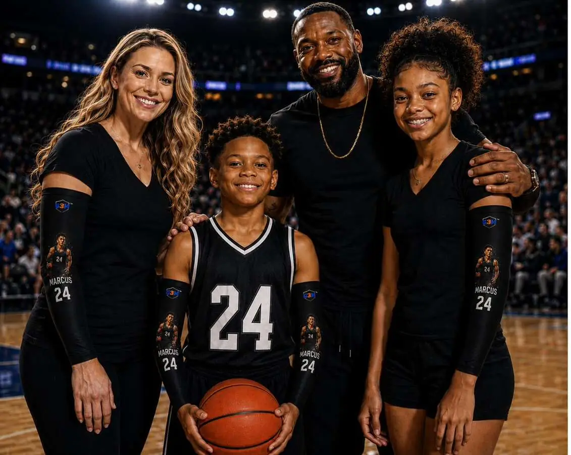 Example G3M Athletics custom sleeve design — Marcus #24 basketball, family wearing matching sleeves