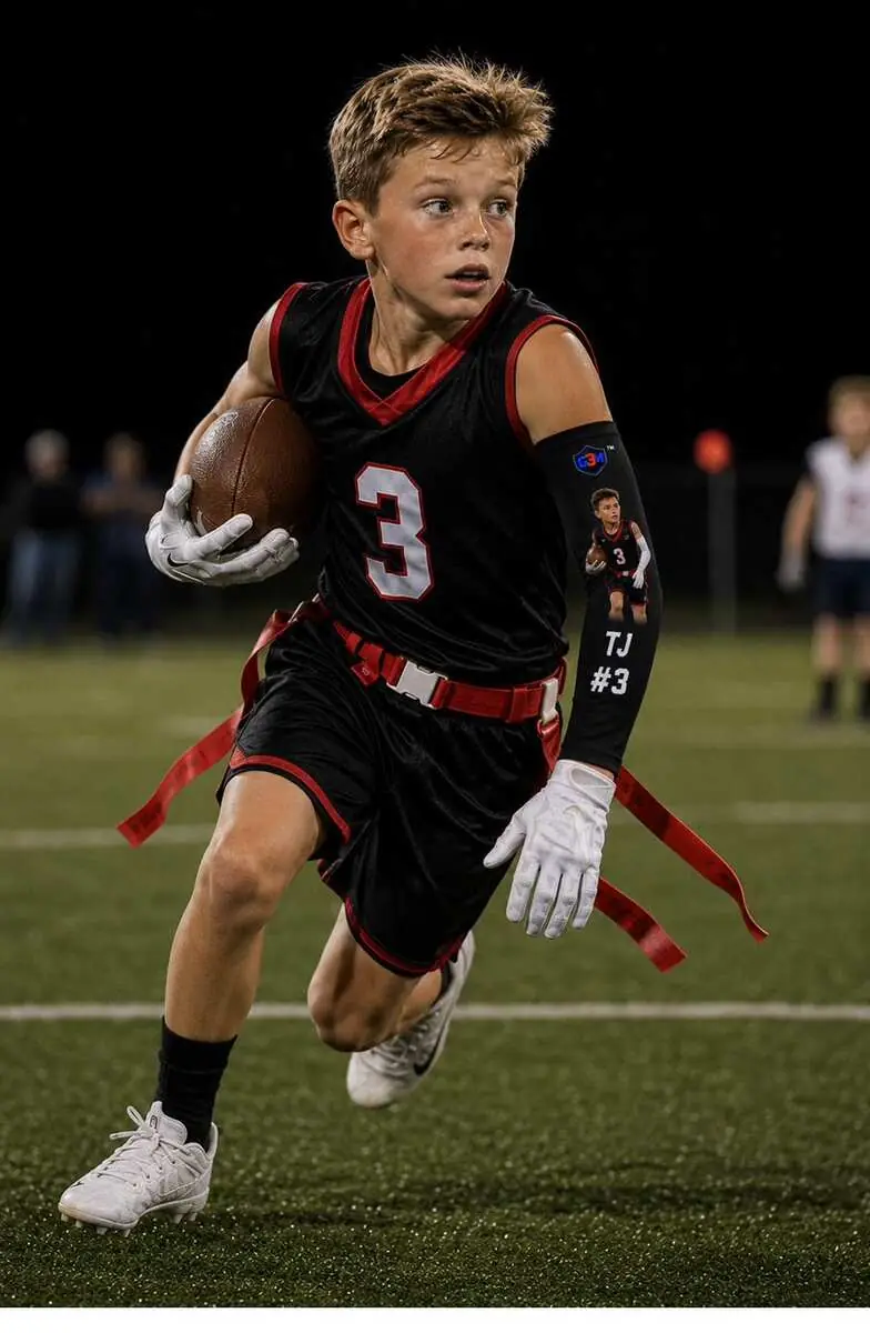 TJ #3 flag football player wearing custom G3M Athletics sleeve